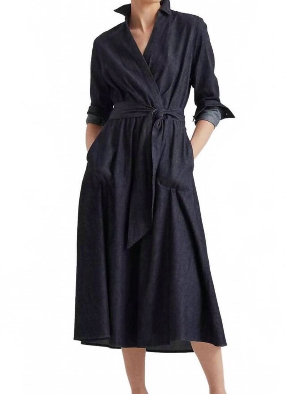 Lauren Ralph Lauren Dark Denim Faux Wrap Midi Dress Women’s 14 Coastal Glamour